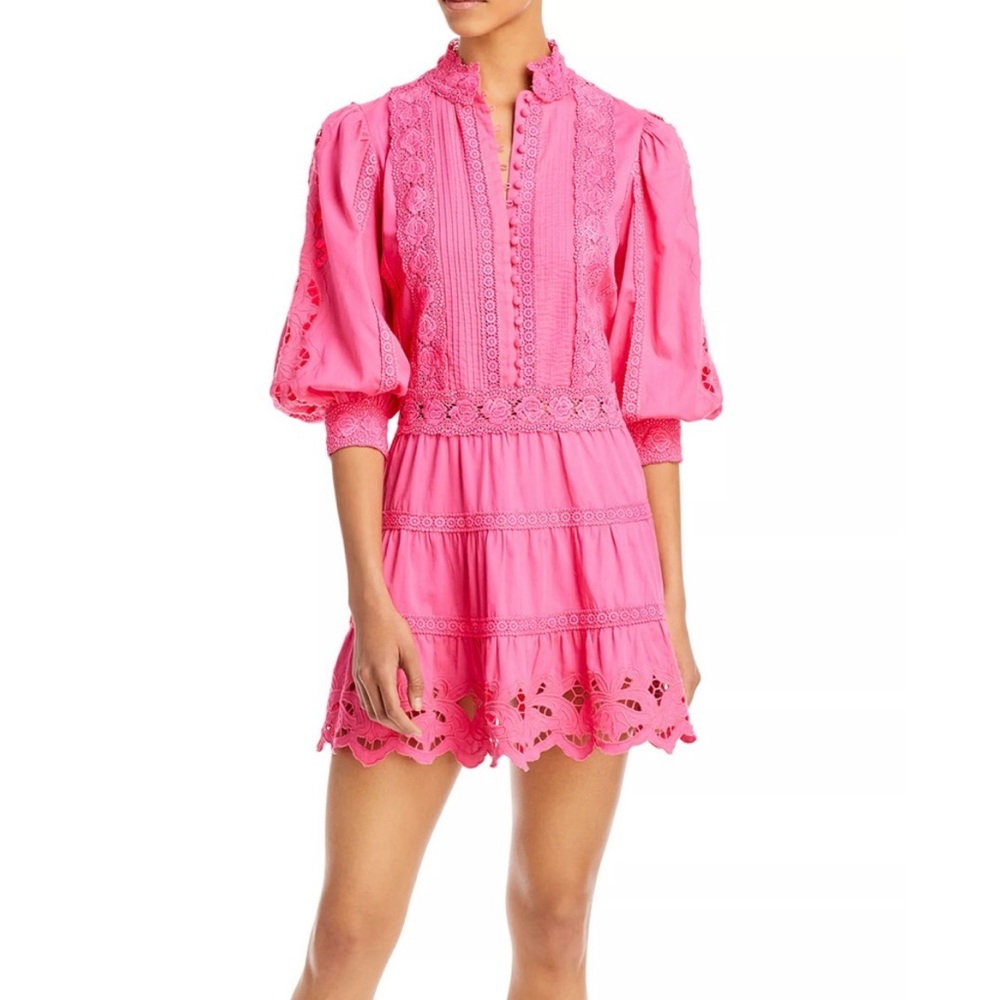 Alice + Olivia Vibrant Pink Lace Mini Clark Bishop Sleeve Dress